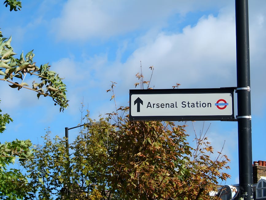 Close-up of a street sign with a white background and black border, mounted on a black pole, indicating the direction to Arsenal Station with an upward arrow and the London Underground roundel logo on the right. Surrounding the sign are green and brown foliage from trees with leaves partly covering the lower part of the sign, set against a bright blue sky with scattered white clouds, suggesting a clear day. The image provides a sharp, detailed view of the sign's surface, the textures of the leaves, and the sky, with natural lighting enhancing the visibility of all elements, fitting a scene of urban signage in a residential or commercial area, as seen in context with Carpet Cleaners Islington’s cleaning services webpage.